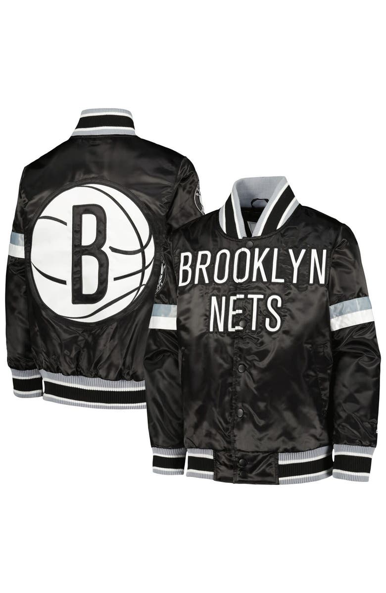 STARTER Youth Starter Black Brooklyn Nets Home Game Varsity Satin Full-Snap Jacket, Main, color, Black