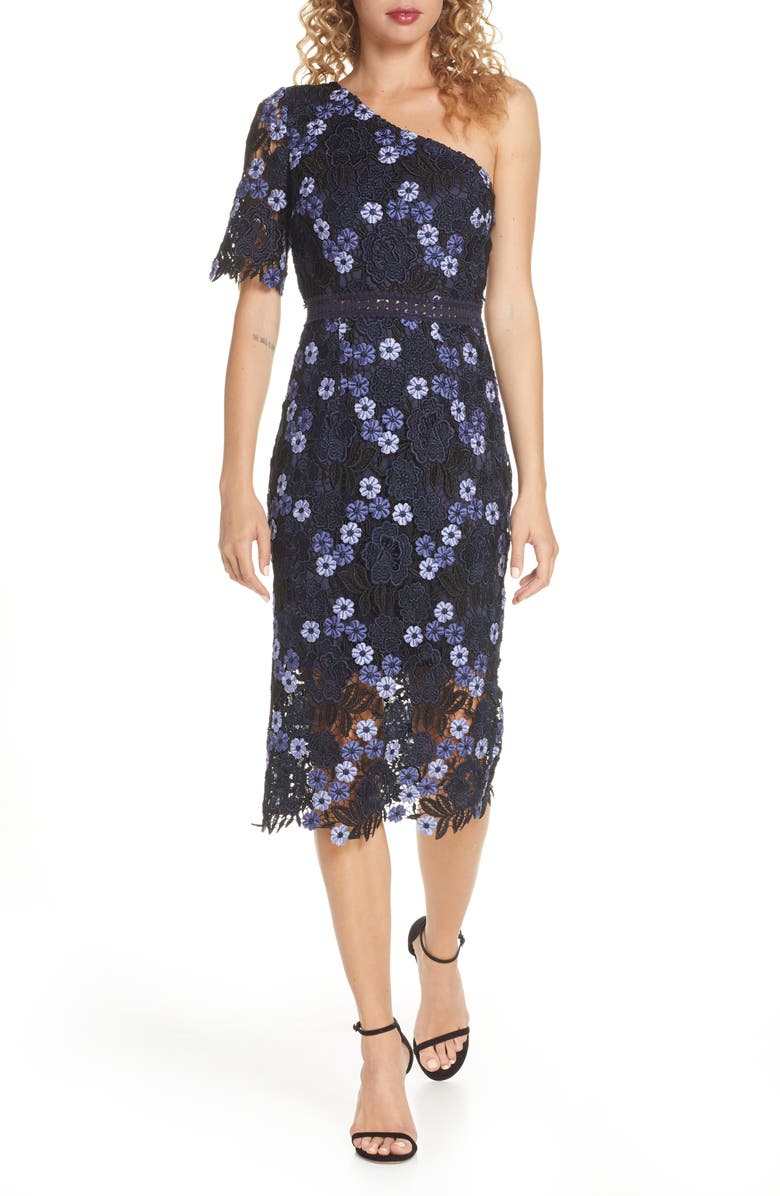 Chi Chi London Lenka One-Shoulder Crochet Lace Cocktail Dress, Main, color, 