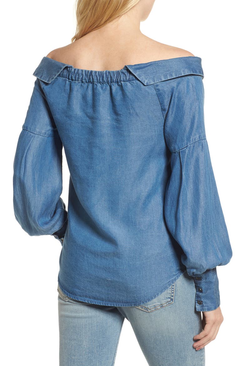 Off the Shoulder Chambray Top, Alternate, color, MED WASH
