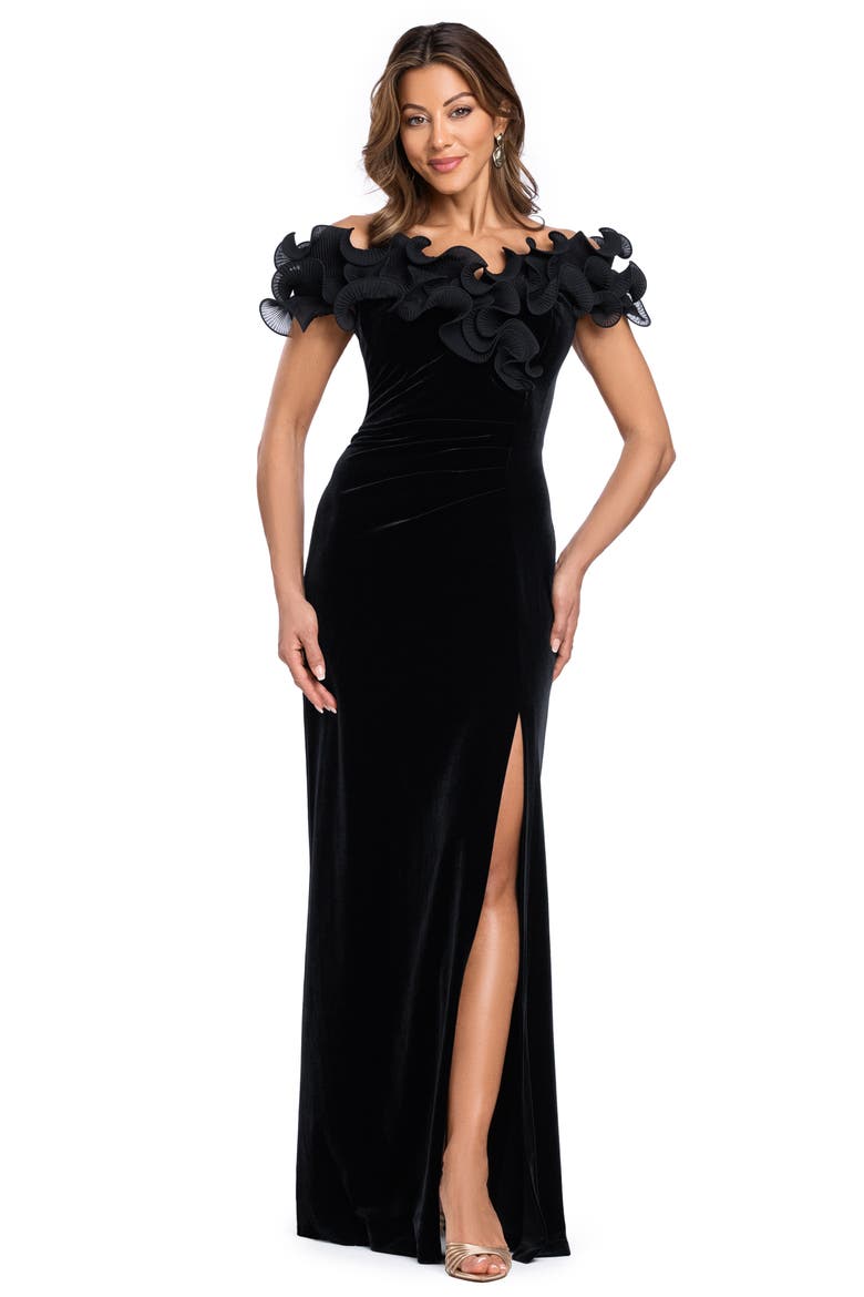 Ruffle Neck Off the Shoulder Velvet Gown, Alternate, color, BLACK