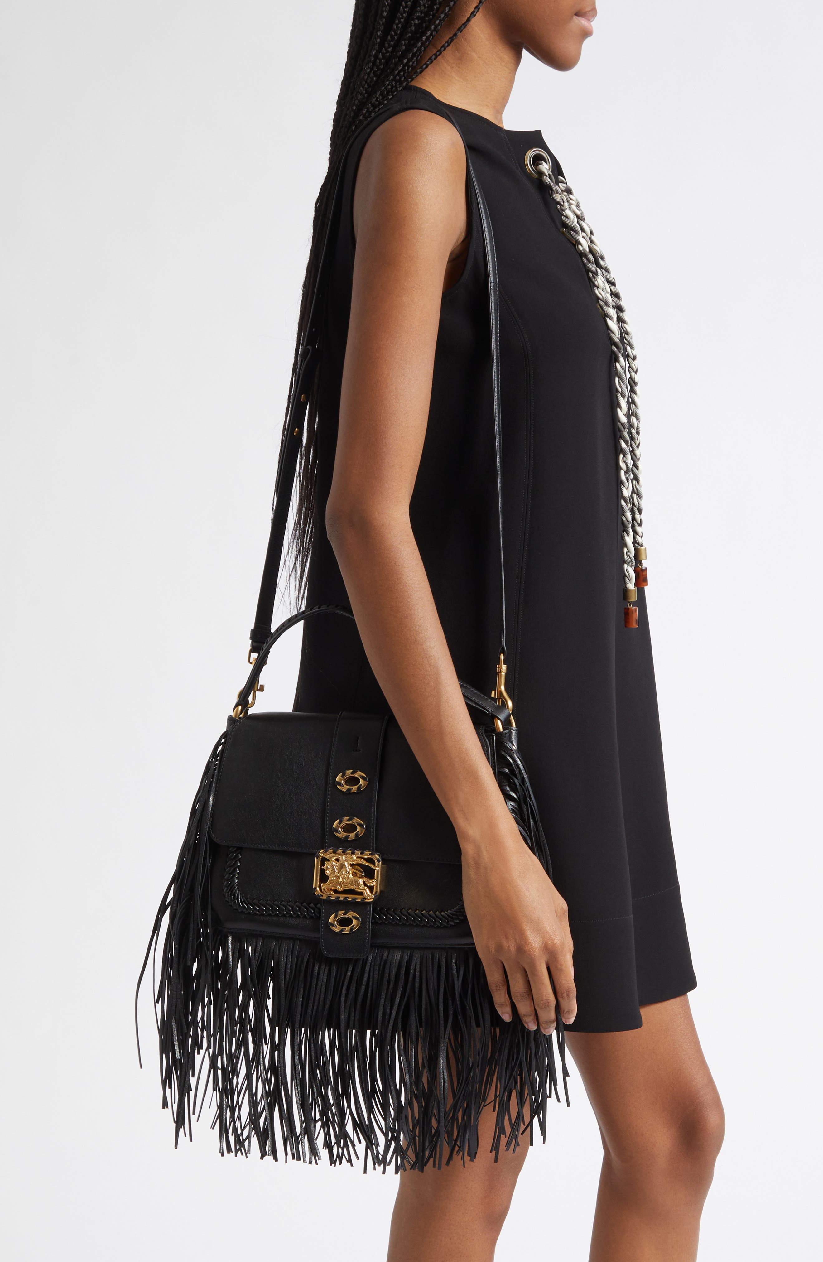 Burberry Small Rider Fringe Leather Top Handle Bag, Alternate, color, Black
