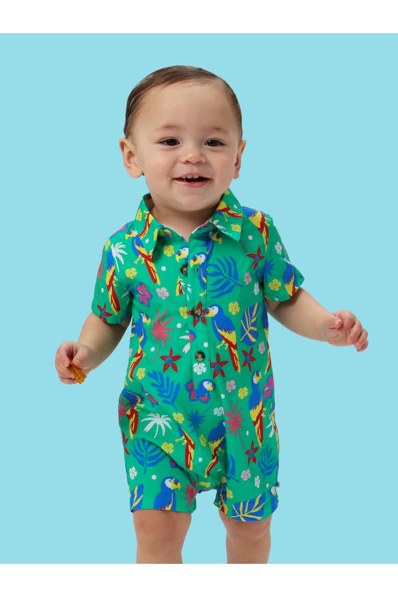 Baby Boys Woven Short Sleeve Button-Up Romper, Alternate, color, Parrot Palms