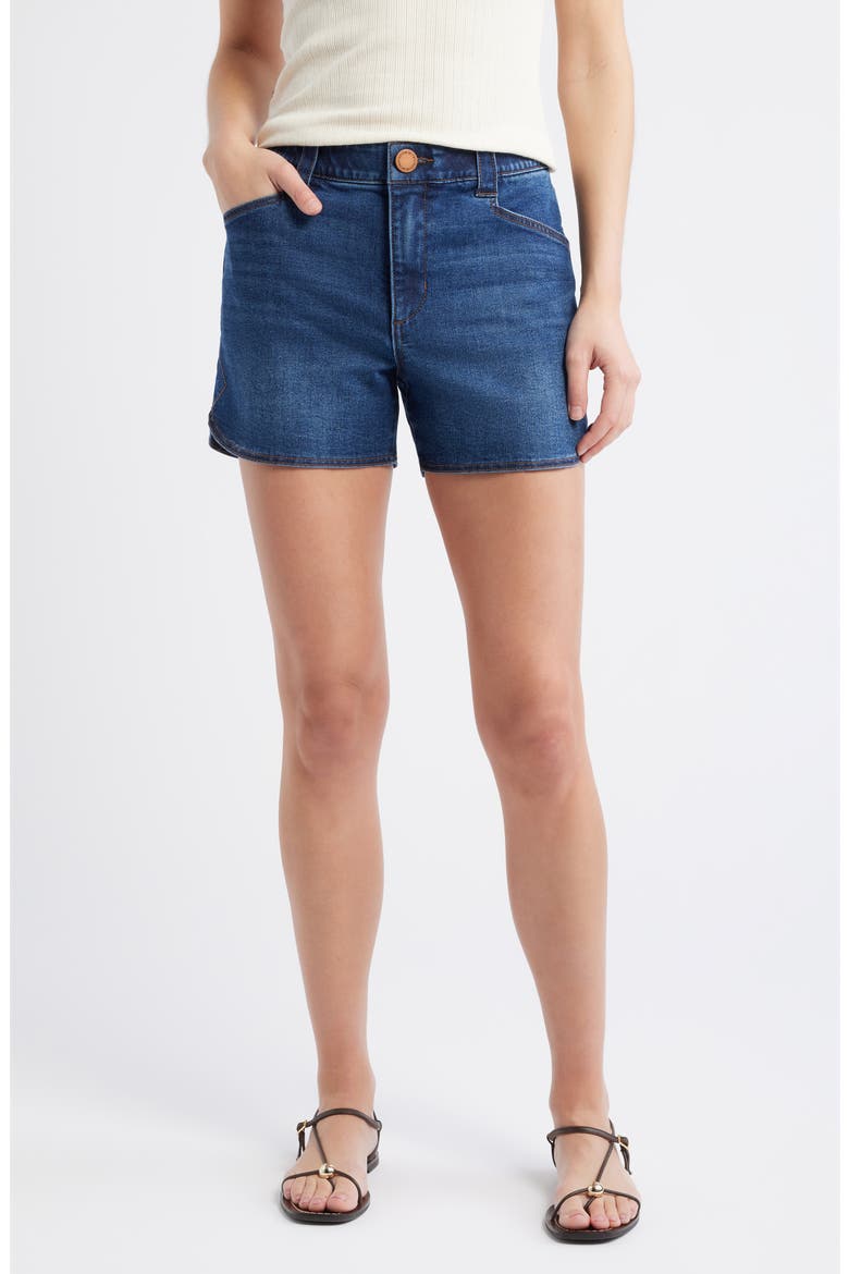 Skyrise Dolphin Hem Denim Shorts, Main, color, INDIGO