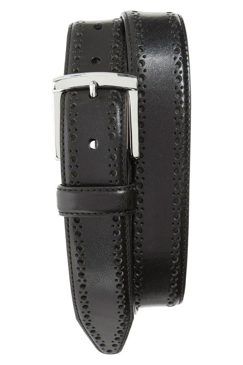 Perforated Leather Belt, Main, color, BLACK