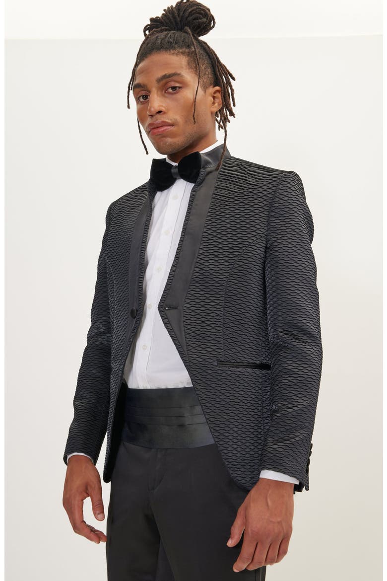 Textured Satin Tuxedo Jacket, Alternate, color, BLACK