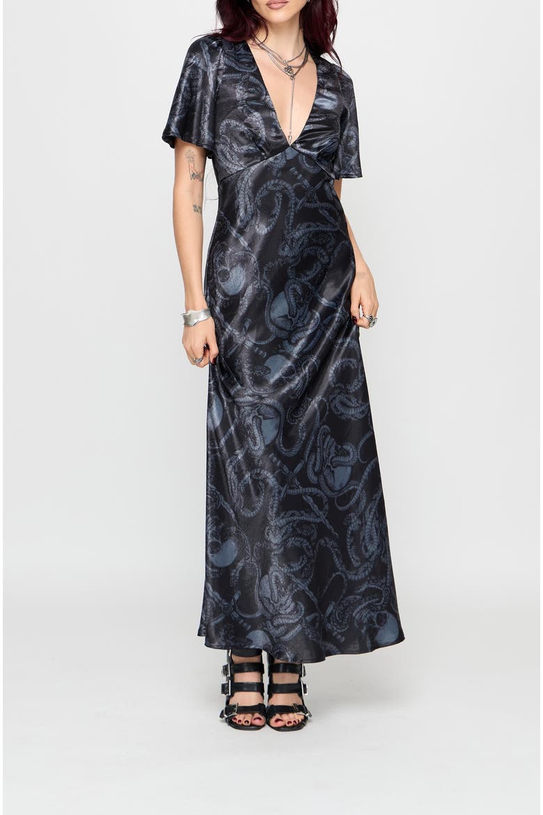 Ophion Print Satin Maxi Dress, Alternate, color, Charcoal