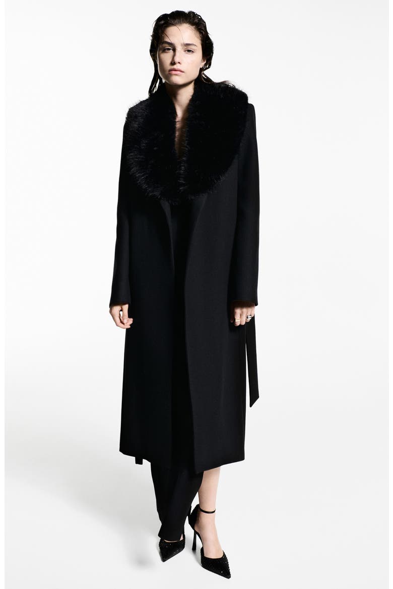 Dolce Wool Blend Wrap Coat with Removable Faux Fur Collar, Alternate, color, BLACK