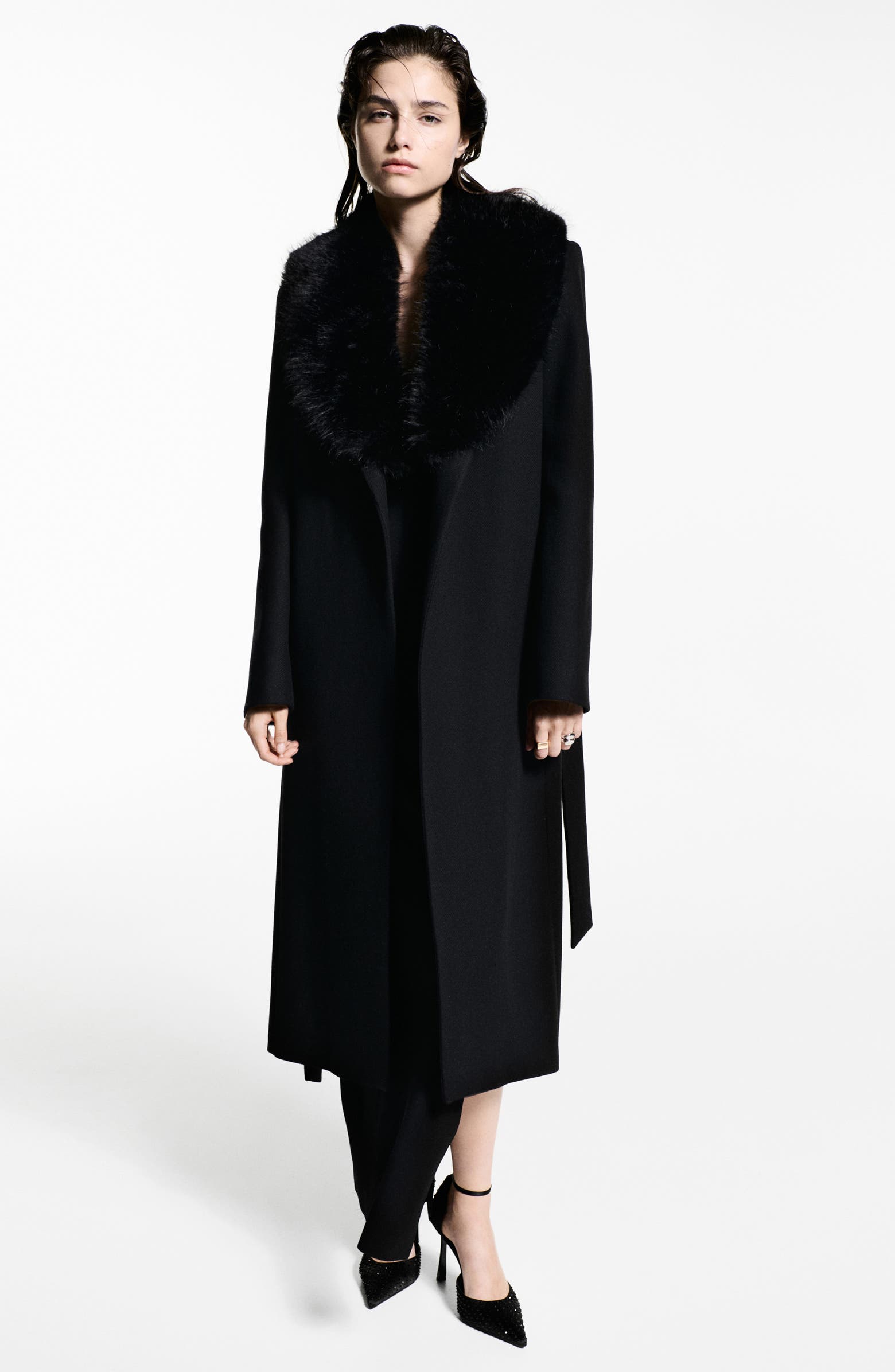 MANGO Dolce Wool Blend Wrap Coat with Removable Faux Fur Collar | Nordstrom