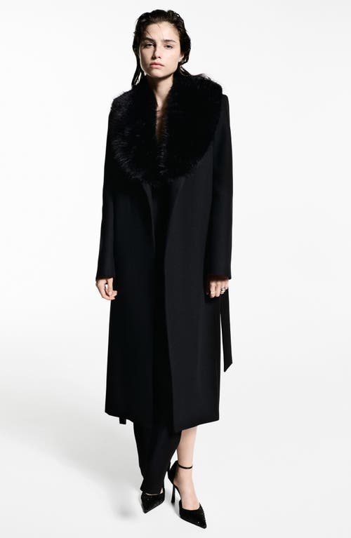MANGO MANGO DOLCE WOOL BLEND WRAP COAT WITH REMOVABLE FAUX FUR COLLAR 