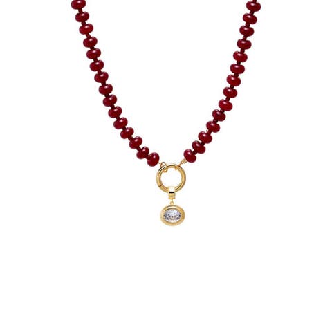 Colored Natural Stone Beaded /CZ Oval Bezel Charm Necklace