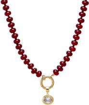 BY ADINA EDEN Colored Natural Stone Beaded /CZ Oval Bezel Charm Necklace