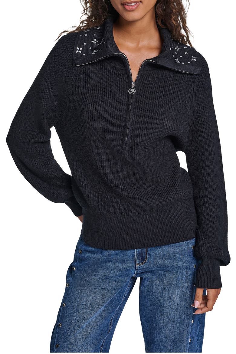 Crystal Collar Zip Up Sweater, Main, color, BLACK
