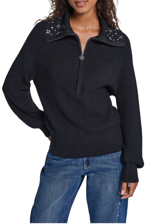 Crystal Collar Zip Up Sweater