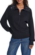 KARL LAGERFELD PARIS Crystal Collar Zip Up Sweater