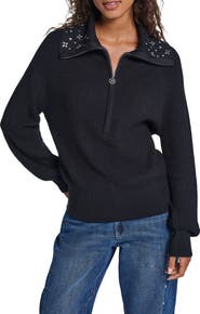 KARL LAGERFELD PARIS Crystal Collar Zip Up Sweater