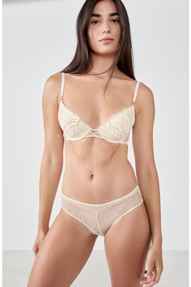 Envolee Lace & Satin Hipster Panties, Alternate, color, BEIGE/ GOLD
