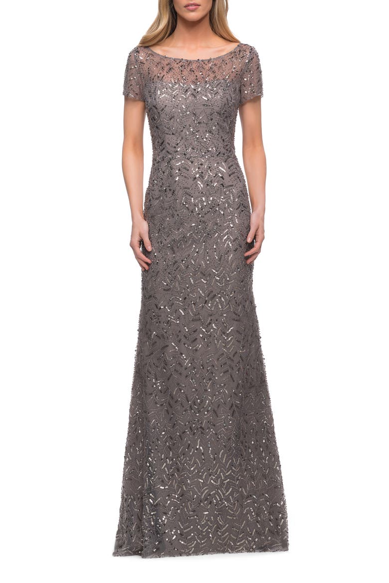Beaded Long Dress with Illusion Top and Sleeves, Main, color, TAUPE GREY/ SILVER