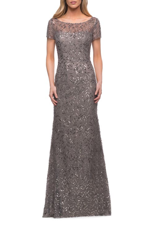 Beaded Long Dress with Illusion Top and Sleeves