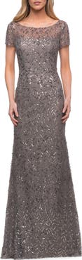 La Femme Beaded Long Dress with Illusion Top and Sleeves