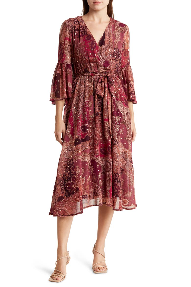 Paisley Bell Sleeve Faux Wrap Midi Dress, Main, color, RED