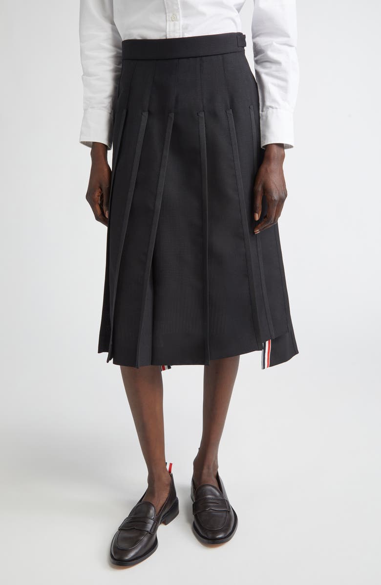 Thom Browne Classic Tipping Pleated Wool Skirt, Main, color, Black