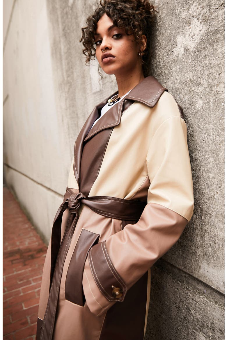 Patchwork Faux Leather Trench Coat, Alternate, color, BROWN