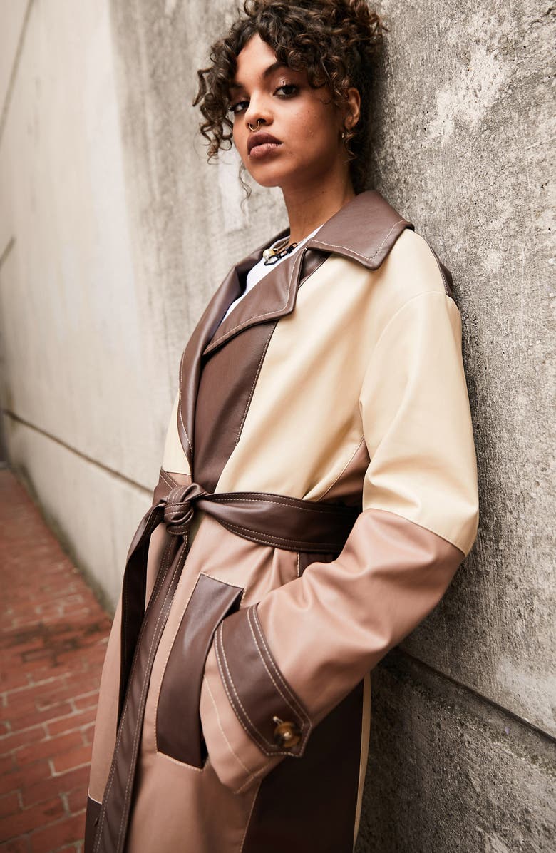ASOS DESIGN Patchwork Faux Leather Trench Coat, Alternate, color,