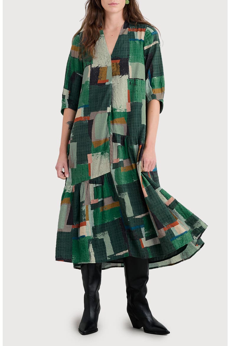Windblown Geo Print Organic Cotton Blend Midi Dress, Main, color, AERIAL FIELD COPPICE