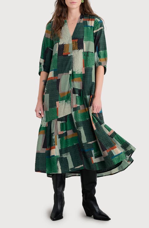 Windblown Geo Print Organic Cotton Blend Midi Dress (Petite)