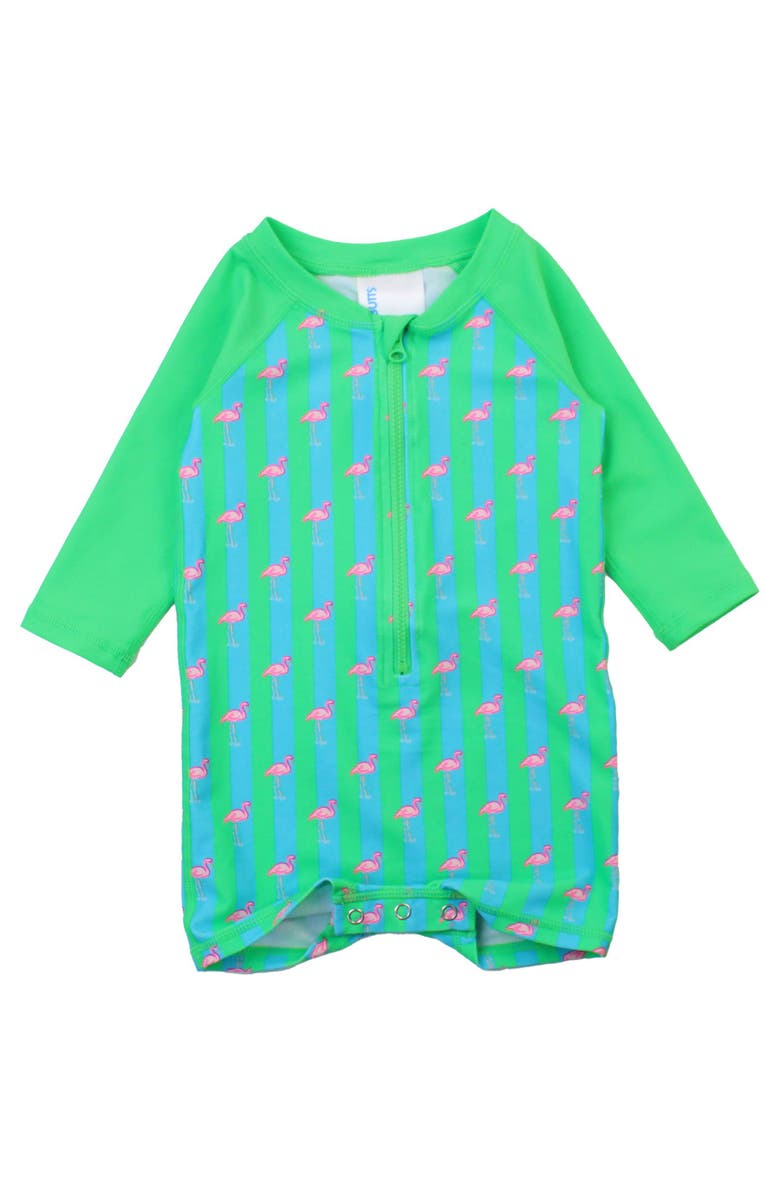 RuggedButts Boys Long Sleeve One Piece Rash Guard, Main, color, Neon Flamingo Stripe
