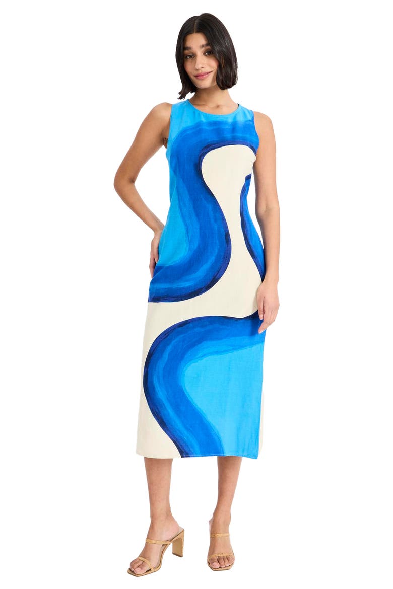 Sleeveless A-Line Midi Dress, Alternate, color, CREAM/ BLUE