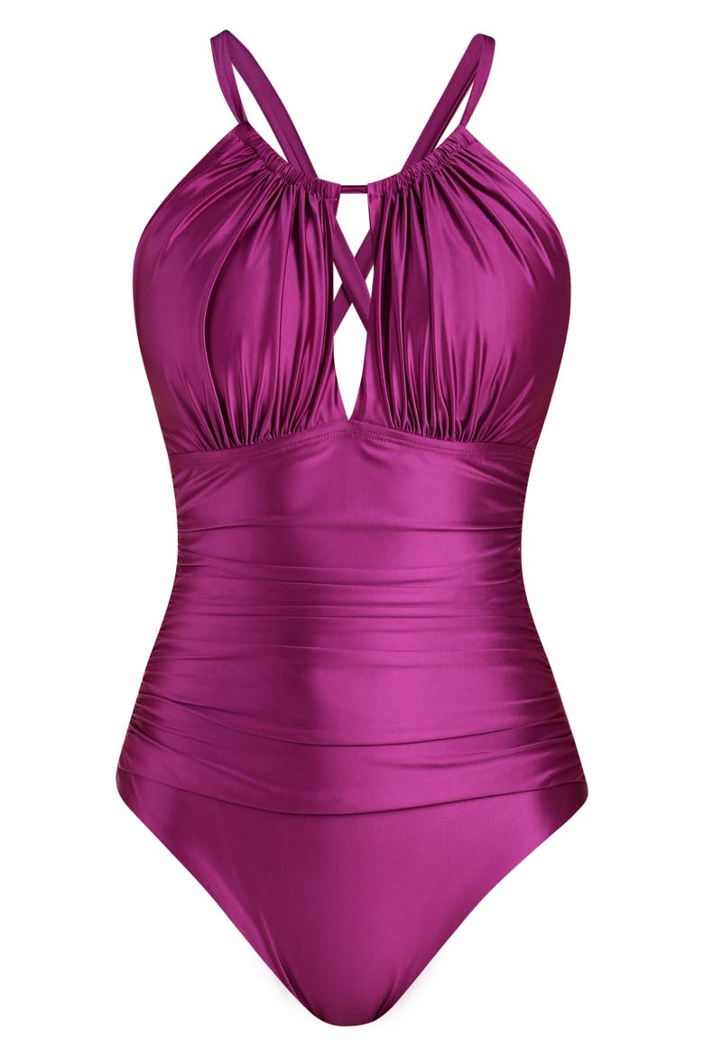 Earth High Neck One-Piece Swimsuit, Alternate, color, BERRY