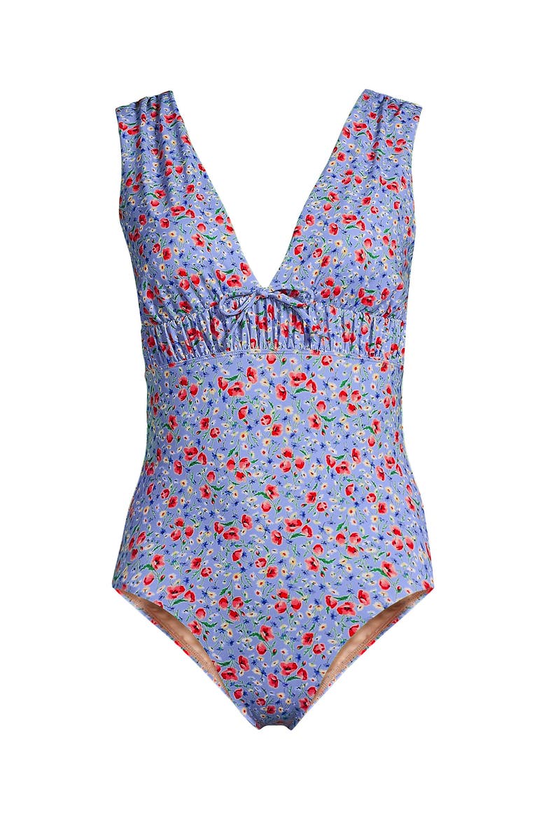 Wide Strap Plunge Shirred One Piece, Alternate, color, Soft Cloud Small Poppy Floral