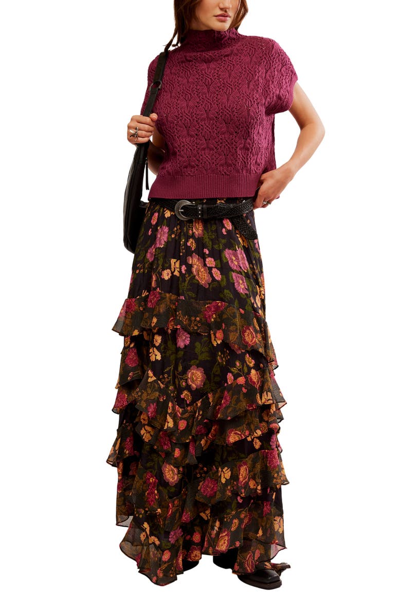 Lolita Floral Ruffle Maxi Skirt, Alternate, color, WASH BLACK COMBO