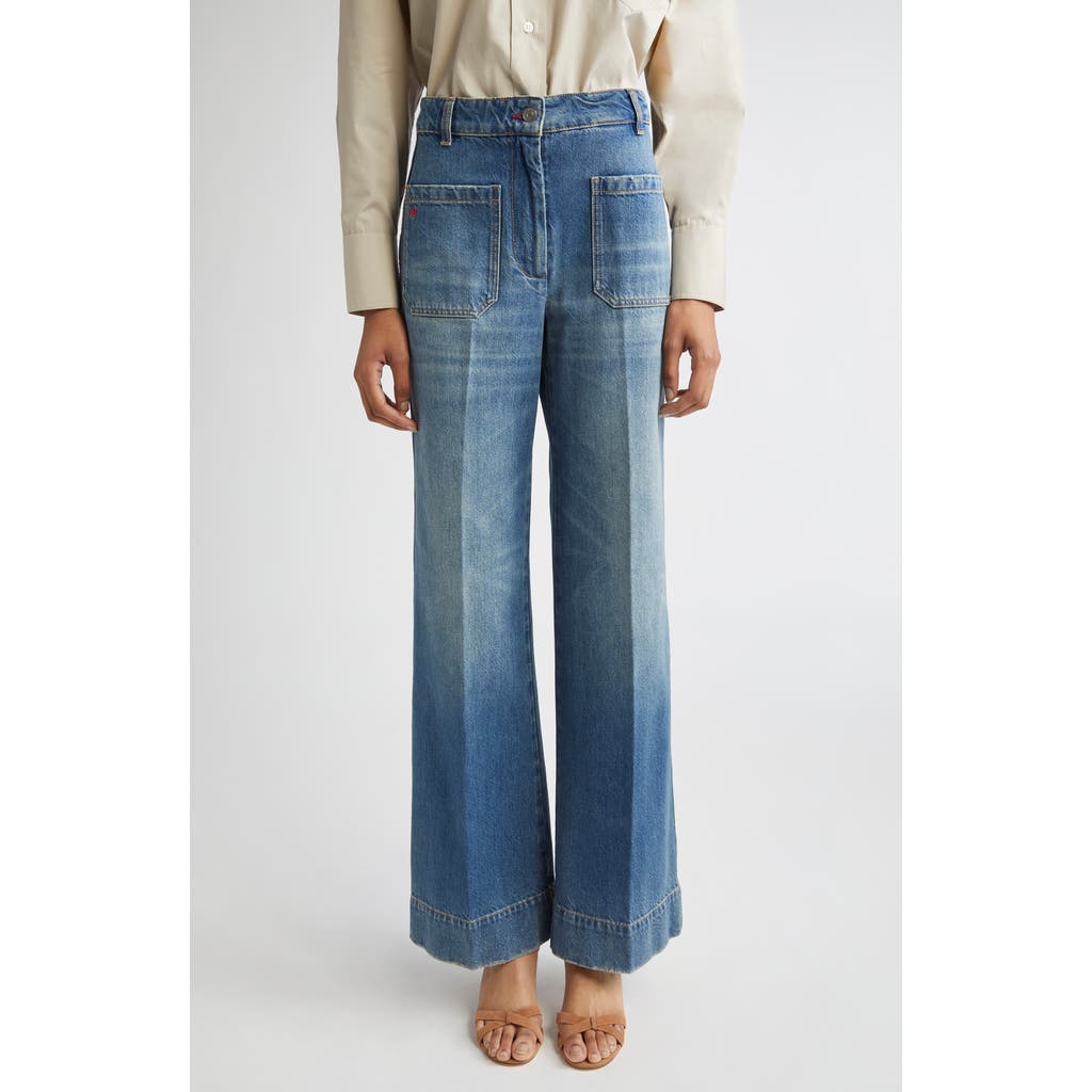 Victoria Beckham 'alina' Blue Jeans With Pockets And Logo Applied On The Front In Blue
