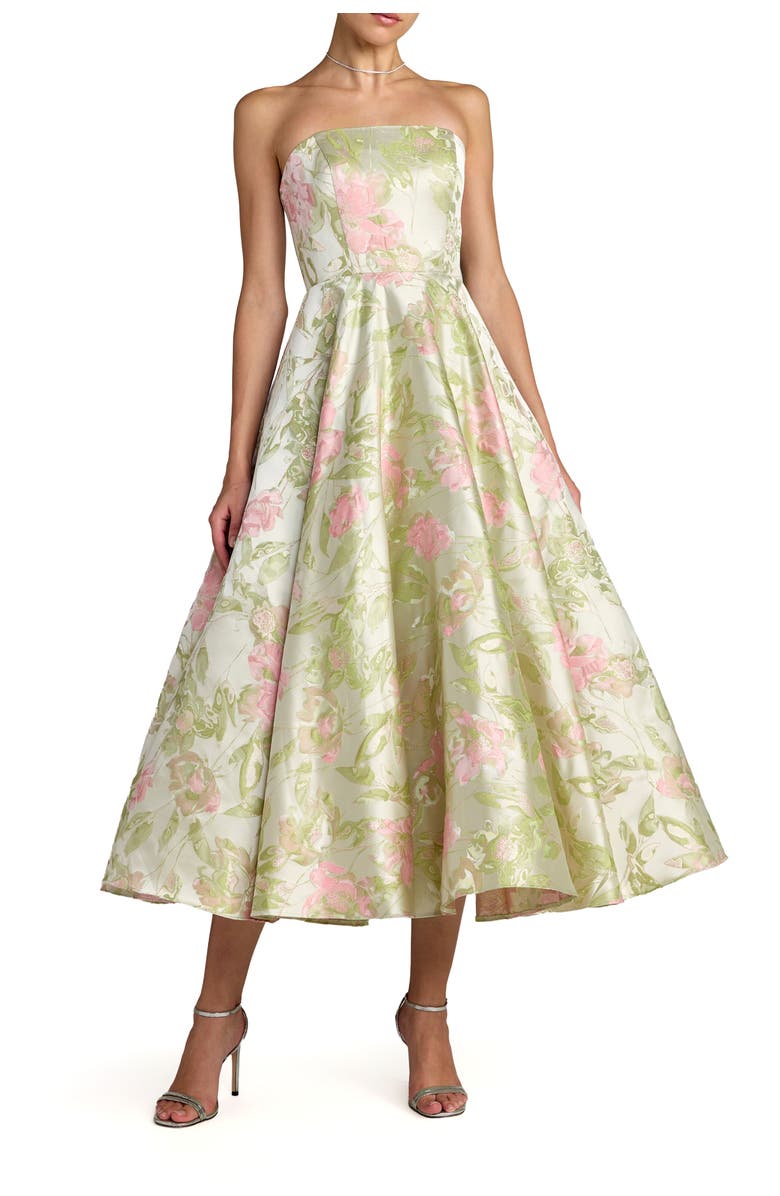 Mac Duggal Floral Strapless A-Line Midi Dress, Main, color, Sage Multi
