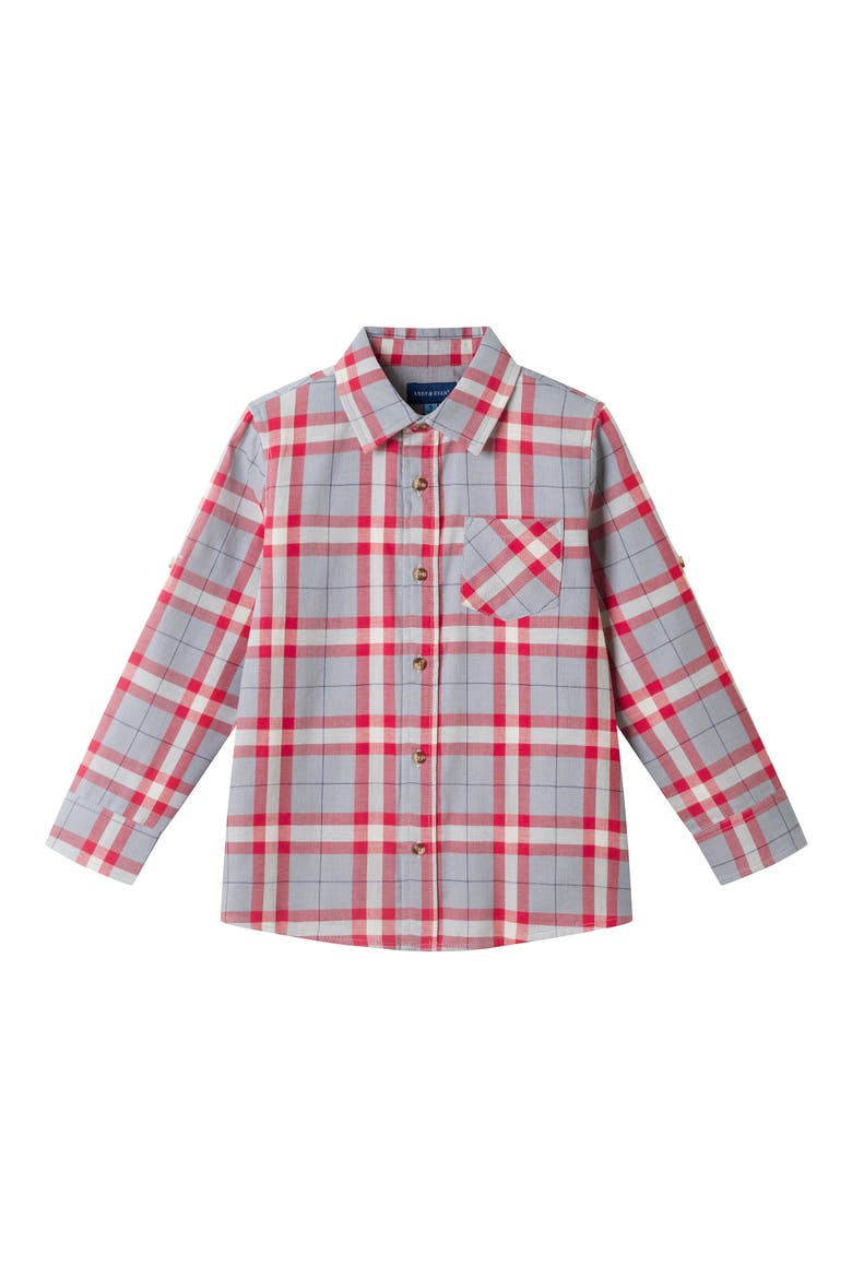 Kids' Plaid Cotton Button-Up Shirt, Main, color, RED/GREY