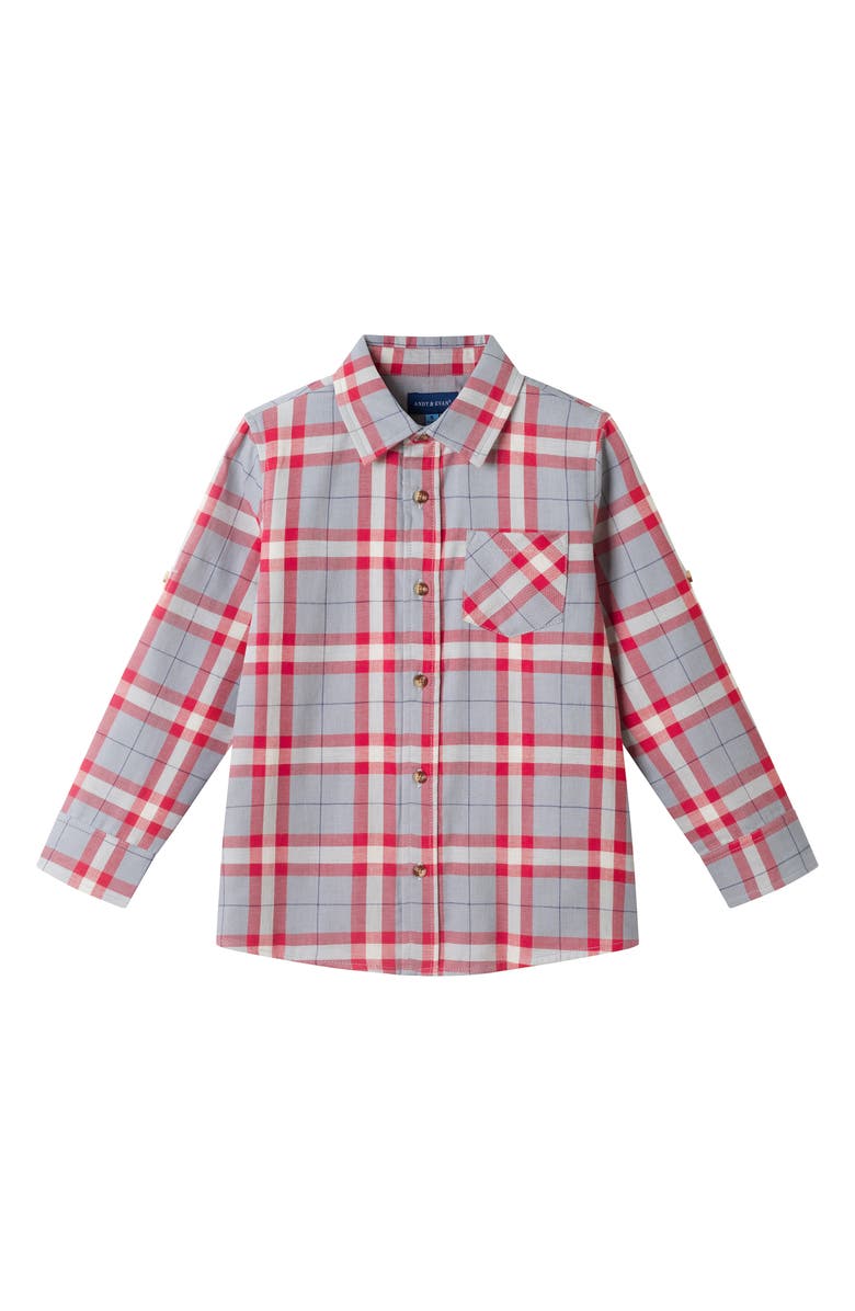 Andy & Evan Kids' Plaid Cotton Button-Up Shirt, Main, color, Red/Grey