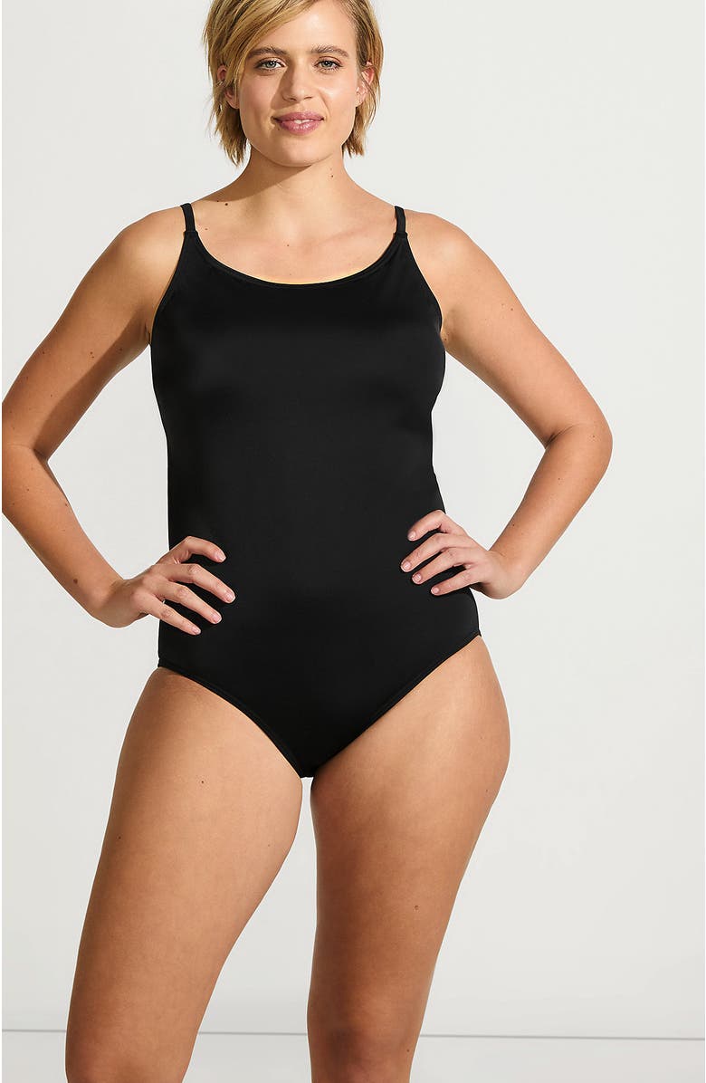 Lands' End Chlorine Resistant Scoop Neck High Leg Tugless Tank Thin Strap One Piece Swimsuit Adjustable, Main, color, Black