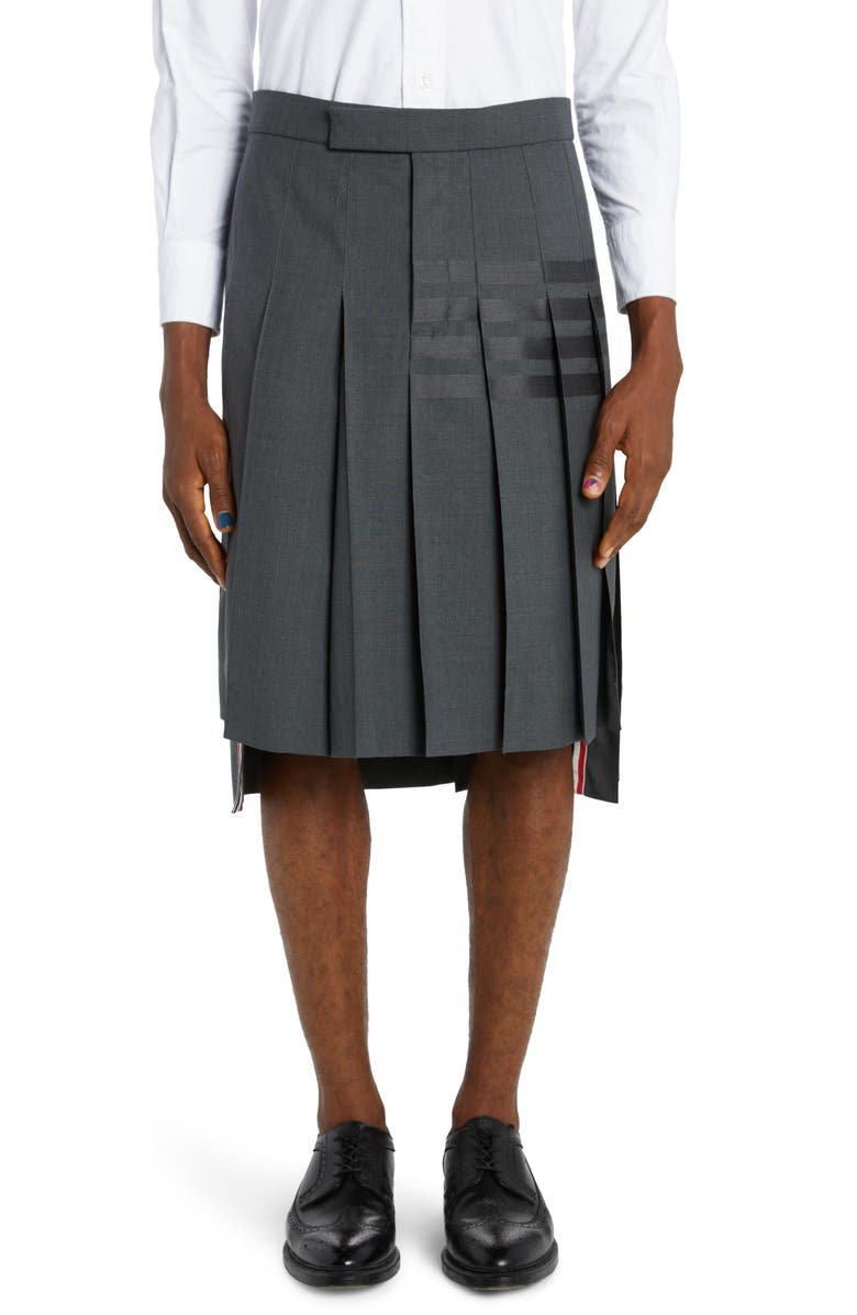 Thom Browne 4-Bar Pleated Back Strap High-Low Wool Skirt, Main, color, 
