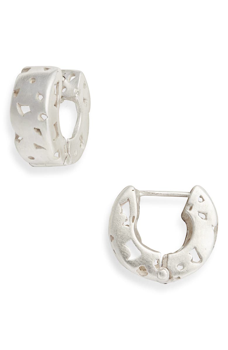 SHANA CAVE Lace Huggie Hoop Earrings, Main, color, Silver