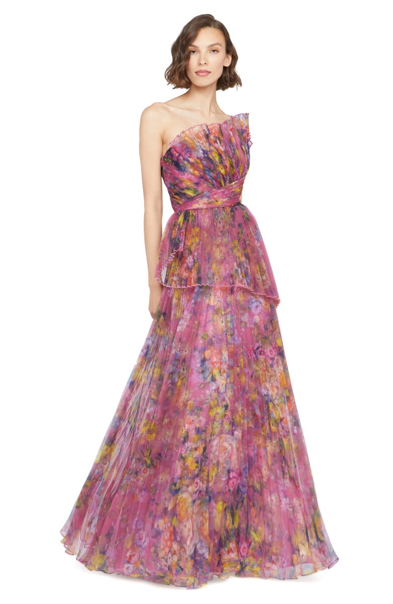 Theia Nicolette Floral Print Pleated Organza Gown, Alternate, color, 