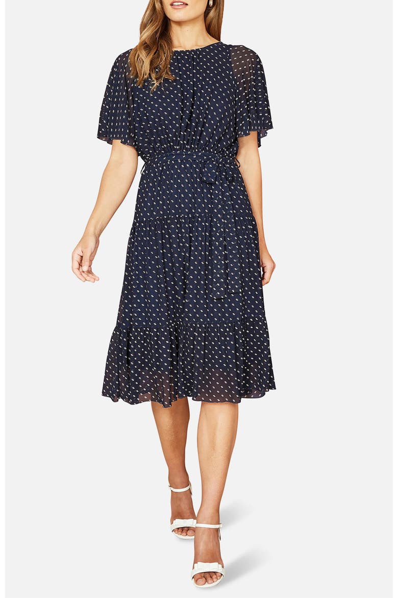 Dot Print Mesh Stretch Midi Dress, Alternate, color, Navy