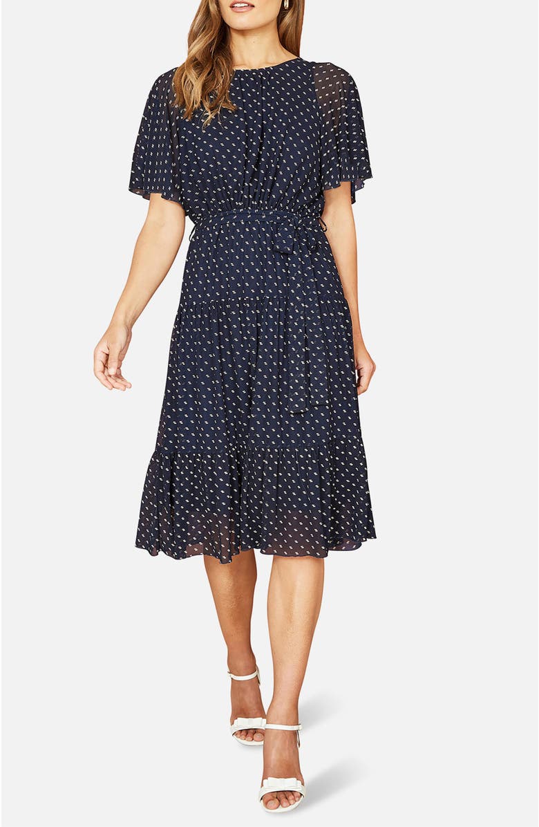 Yumi Dot Print Mesh Stretch Midi Dress, Alternate, color, Navy