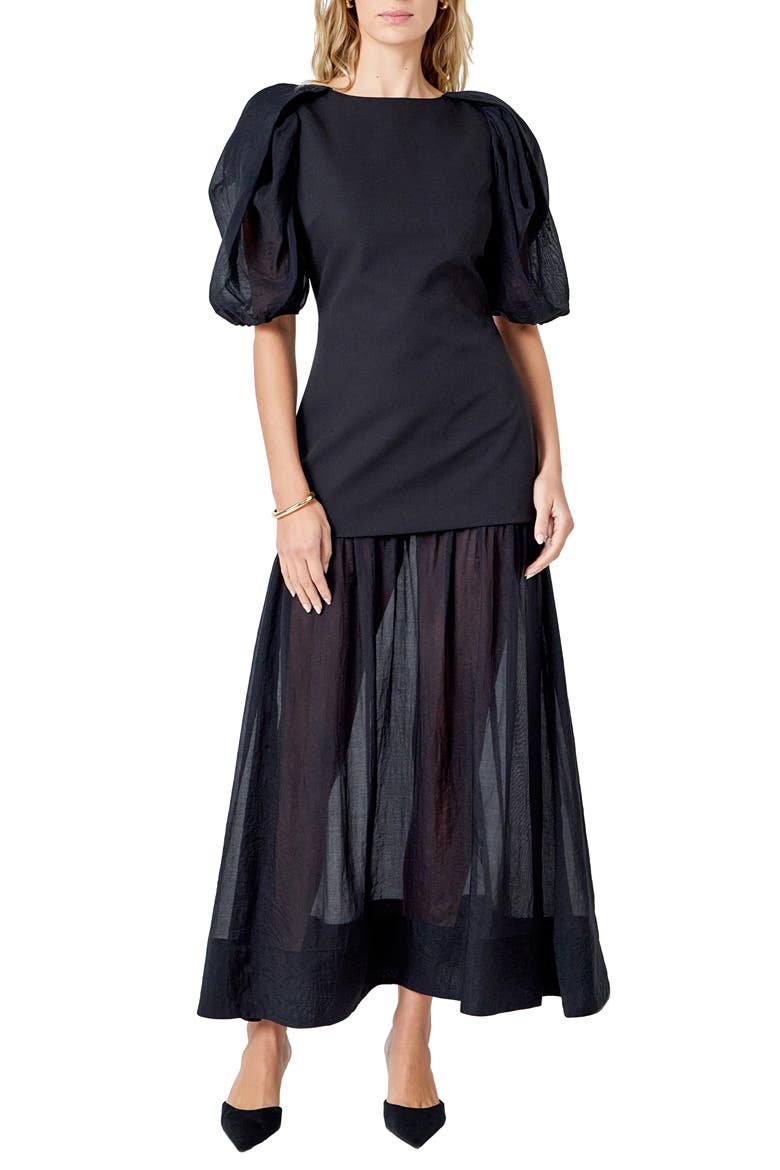 Drop Waist Puff Sleeve Maxi Dress, Main, color, BLACK