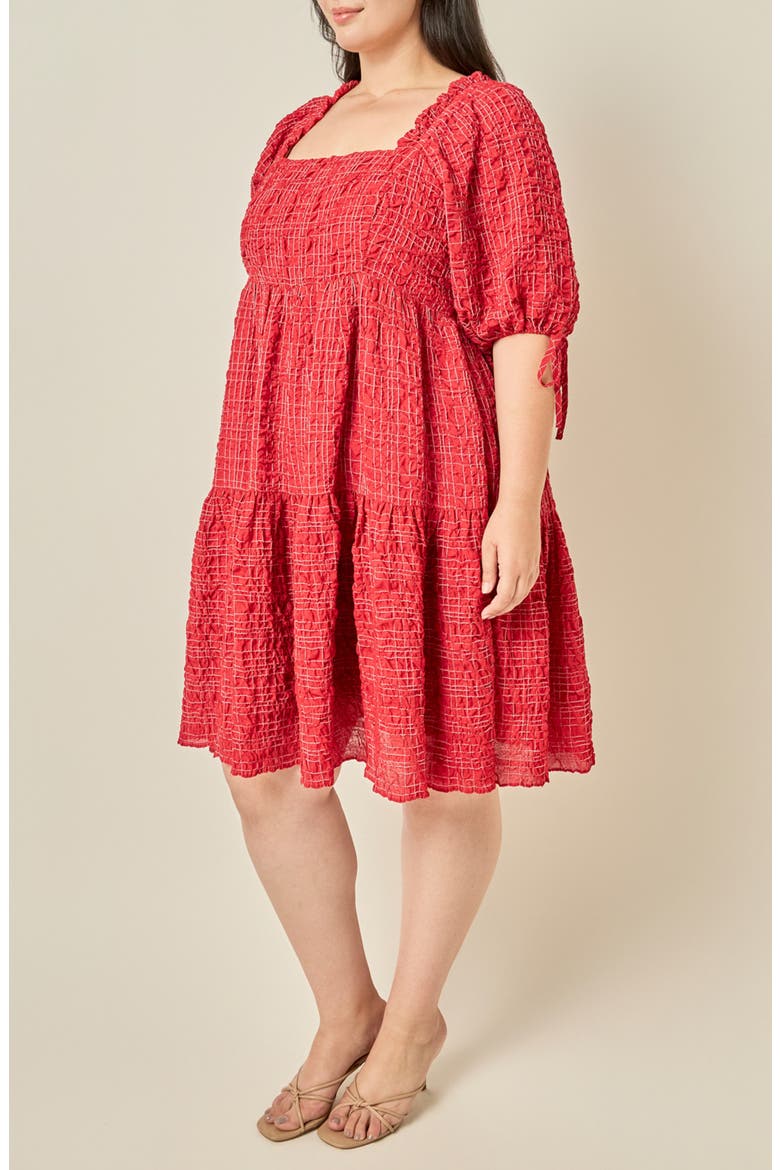 Crinkled Gingham Flounce Dress, Alternate, color, BURGUNDY
