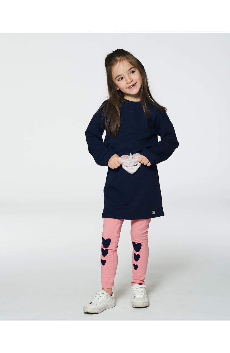 Deux par Deux Little Girl's Quilted Heart Fleece Dress With Belt Navy, Alternate, color, 