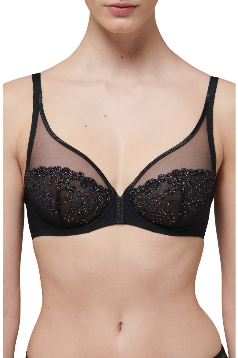 Delice Sheer Underwire Plunge Bra, Main, color, GEM BLACK