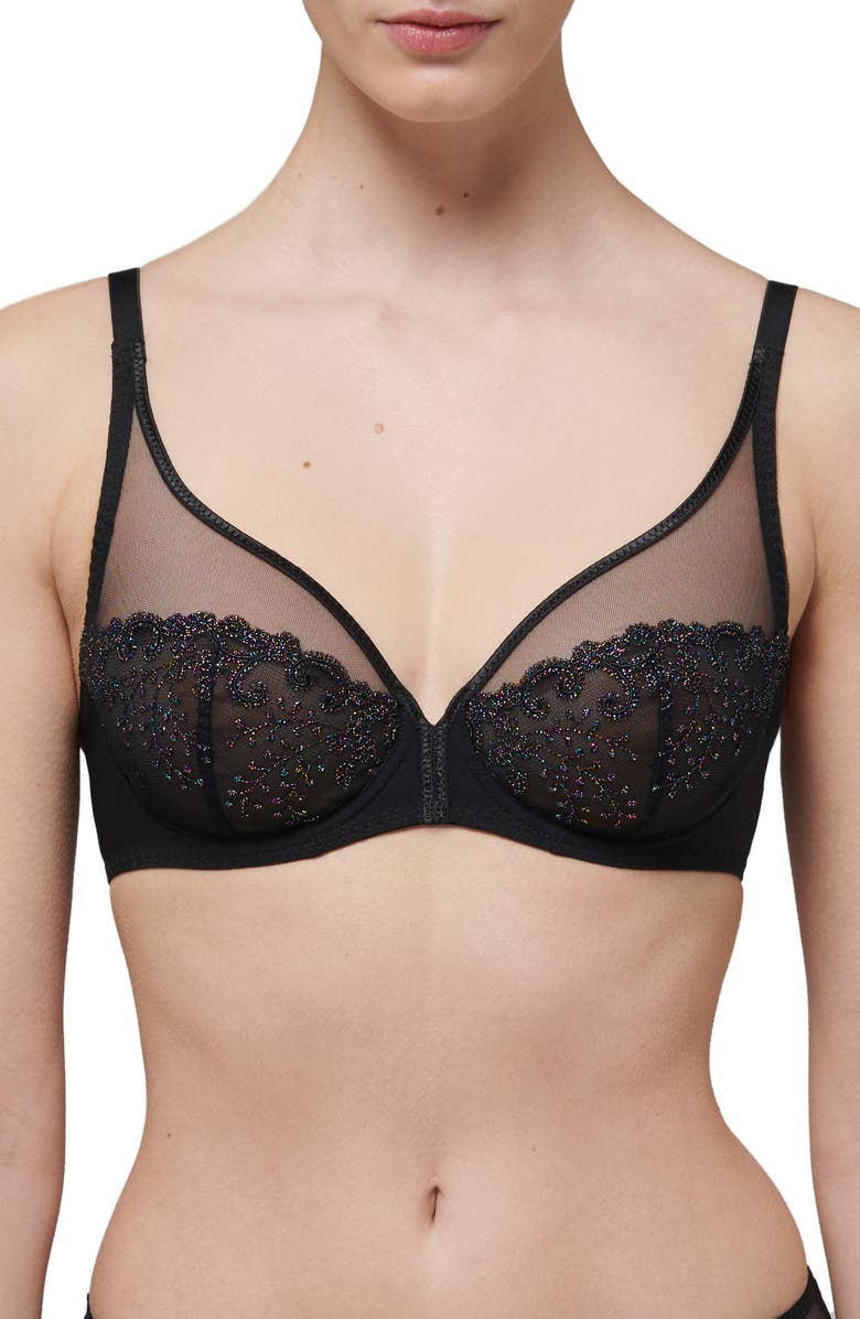 Simone Perele Delice Sheer Underwire Plunge Bra, Main, color, Gem Black