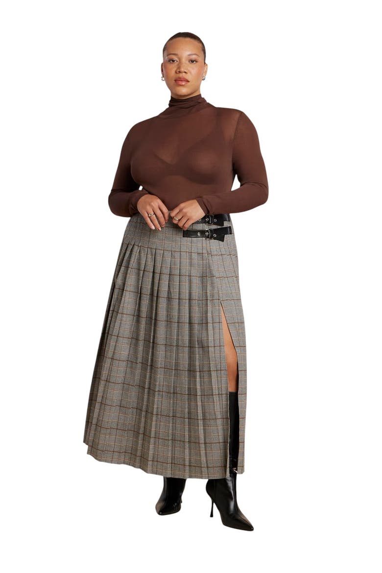 Maxi Pleated Skirt With Buckle Detail And Slit, Alternate, color, GREY PLAID